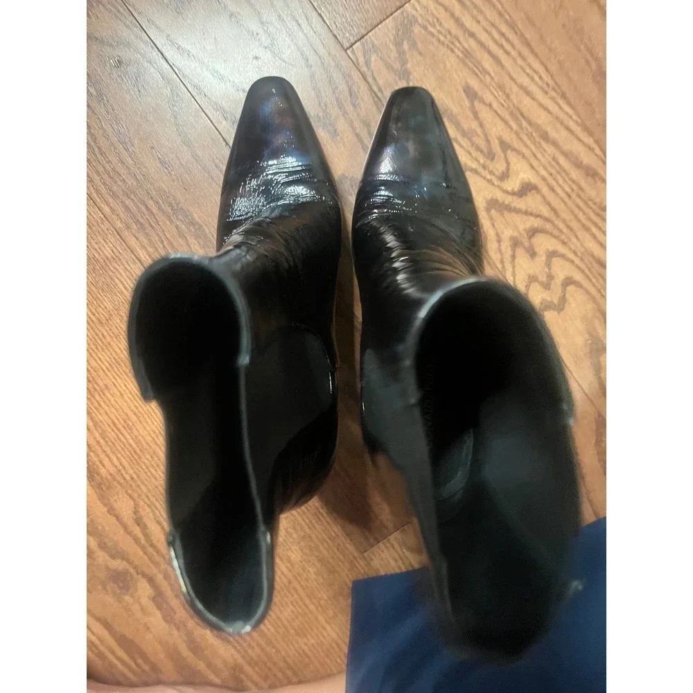 Donald Pliner Black Patent Crinkle Leather Hexagonal Block Heel Ankle Boots 8M